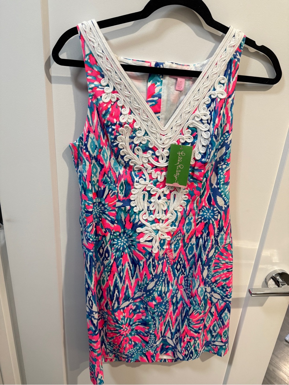 Lilly Pulitzer Pink, Blue & White Sleeveless Mini Dress with Embroidered V-Neck